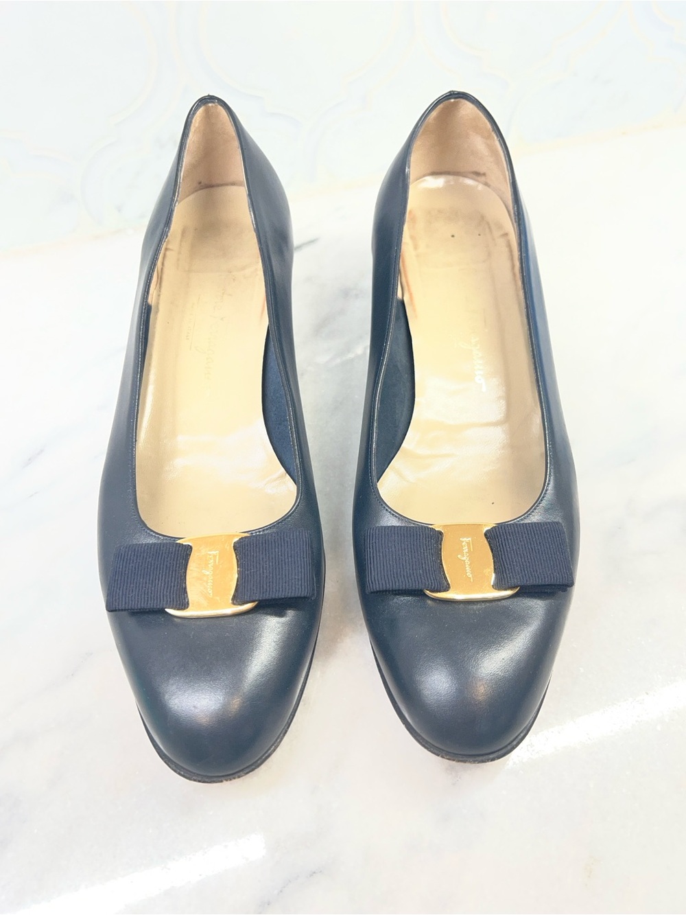 Salvatore Ferragamo Navy Leather Vara Bow Pumps with Gold Accent